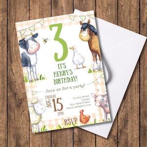 Editable Farm Birthday Party Invitiation  - Watercolour farm animals (Canva Editable)