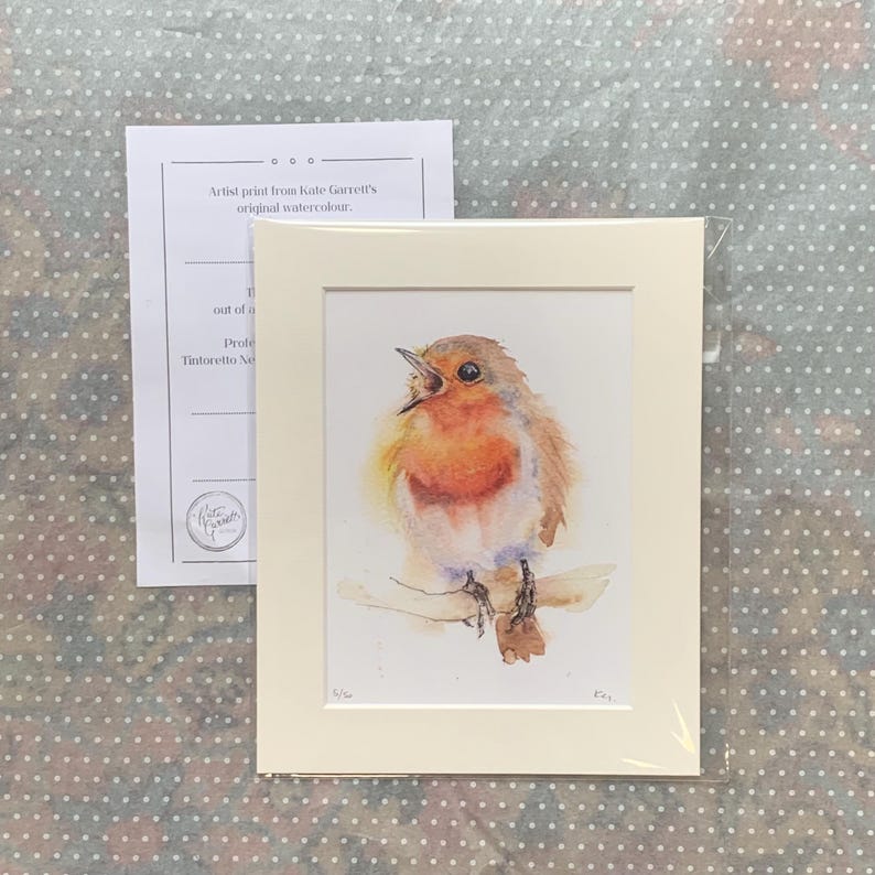 May include: A watercolour painting of a robin perched on a branch. The robin is facing the viewer and singing. The painting is framed in a white mount and has a white background.