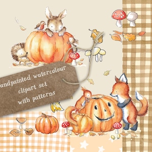 Paquete de imágenes prediseñadas de animales de otoño en acuarela, imágenes prediseñadas de calabaza de bosque otoñal con descarga digital, arte de Halloween para bebés, vendedores de arte comercial POD