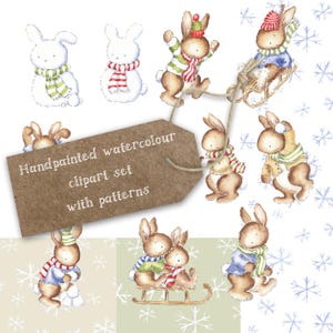 Imágenes prediseñadas de conejitos de nieve pintados a mano, lindo paquete de conejos, juego de sellos navideños, primera Navidad del bebé, licencia comercial para vendedores POD