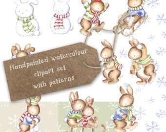 Handpainted Watercolour Snow Bunny Clipart, Christmas Theme (Digital Download)
