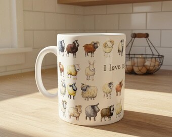 Original Watercolour Sheep Coffee Mug, Sheep Breeds Shepherds Tea Mug, Farmhouse Decor For Country Kitchen, Farmhouse Animal Collectable