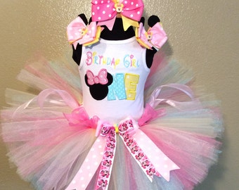 3 Pc Baby Minnie Rainbow Birthday Tutu And Bow On Headband Etsy