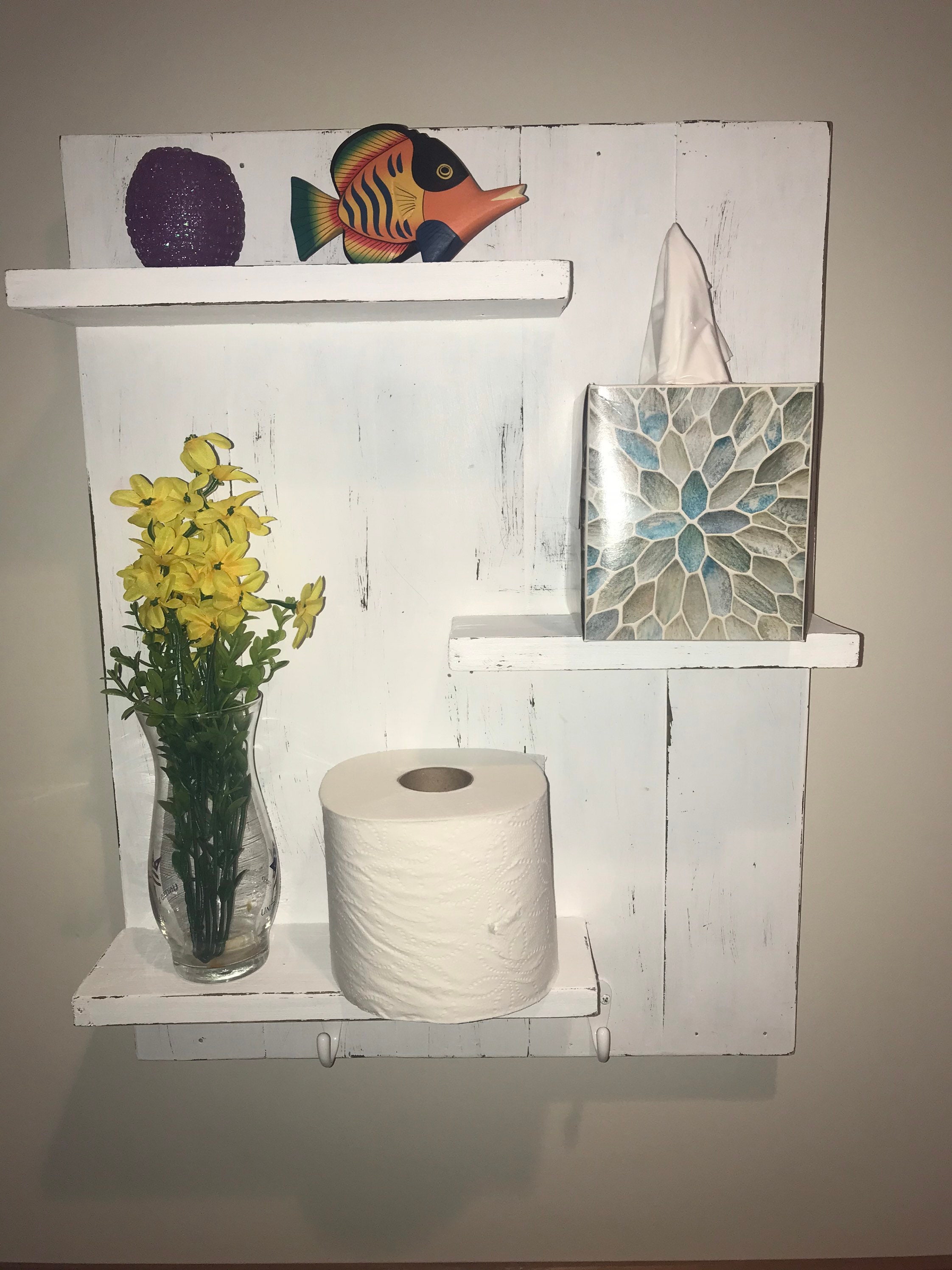 Rustic Wall Shelf With Hooks Distressed White Etsy UK