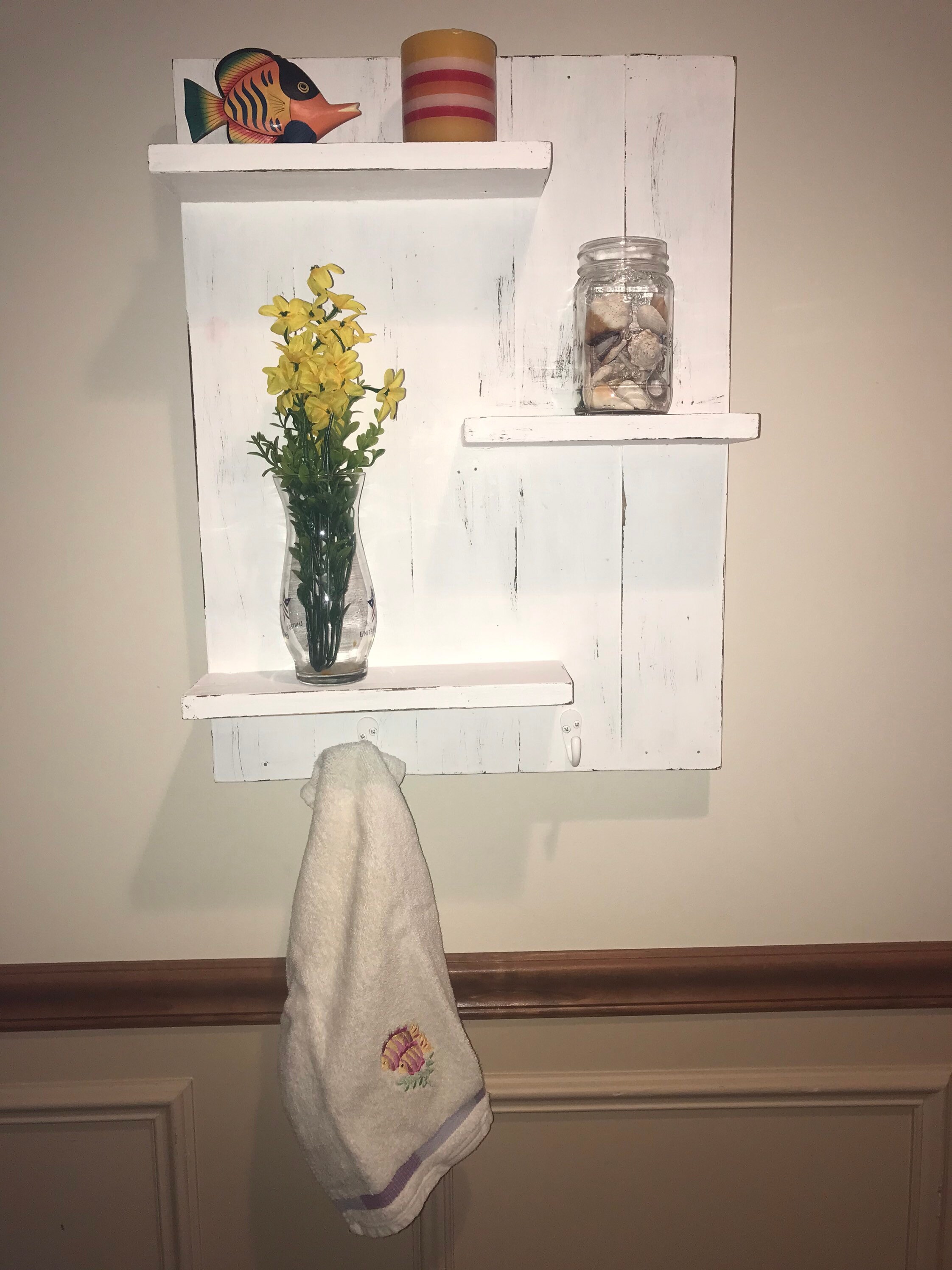 Rustic Wall Shelf With Hooks Distressed White Etsy UK