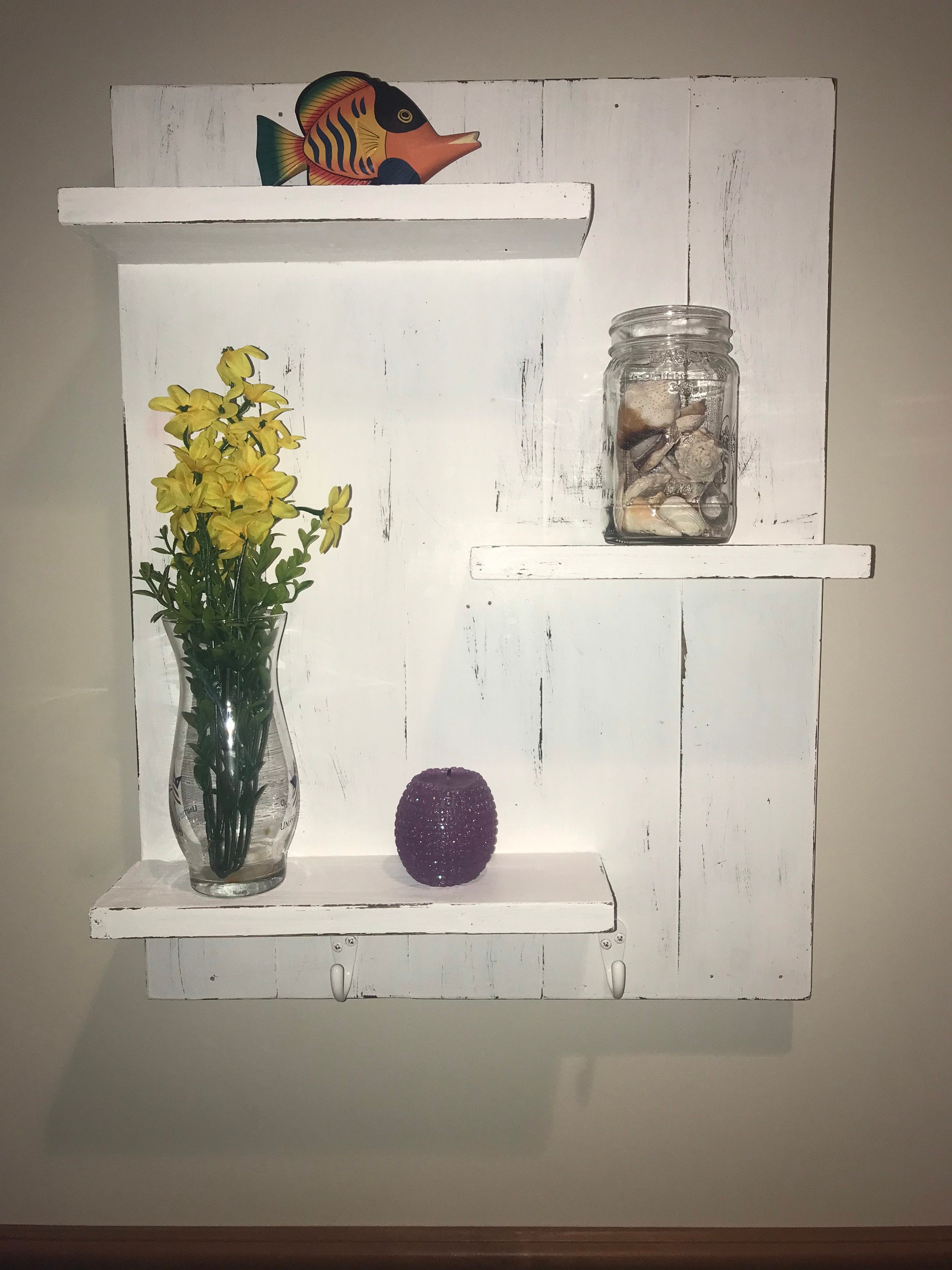 Rustic Wall Shelf With Hooks Distressed White Etsy UK