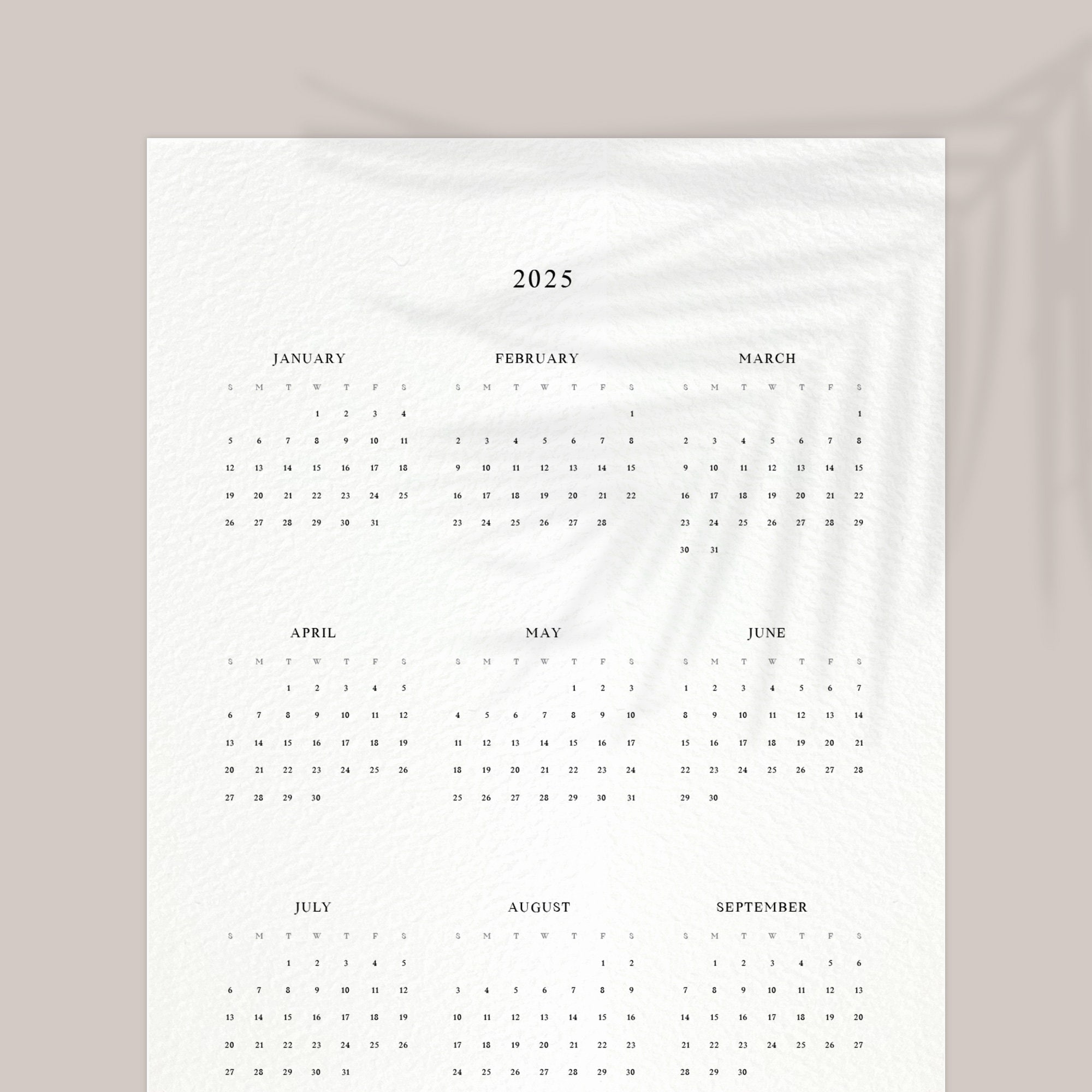 Printable Personal Size Yearly Calendar Minimal Planner Inserts ...
