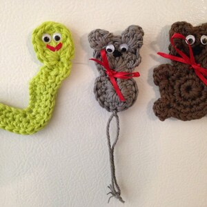 Set of 3 Crocheted Fridgies- Worm, mouse and bear