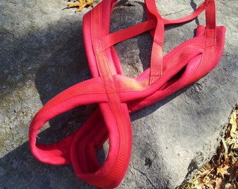 May include: Red fabric dog harness with a webbed design. The harness is lying on a gray rock surface.