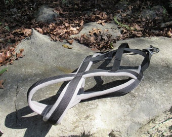 May include: A black and gray dog harness with a padded chest strap and adjustable straps.