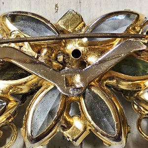 Vintage Gold Tone Rhinestone Brooch – Green & Clear Marquise Stones, Mid-Century Costume Jewelry Pin