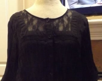 SALE Womens Black Sheer Lace Trimmed Crinkle Blouse Shirt Large