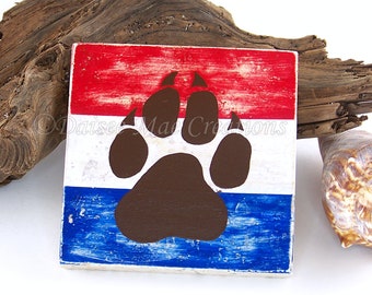 American Flag Dog Paw Print Coasters, Stone Coasters, Set of 4, Drink Coasters, USA, Dog Paw Prints, Ivory Travertine Stone Tiles, American