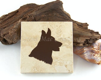 German Shepherd Coasters, Set of 4, Coaster Sets, Drink Coasters, Hand Painted, Gift Ideas, Dog Coasters, Ivory Travertine, Stone Tiles