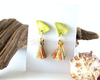 South Carolina Tassel Earrings, Earrings, Ceramic, Tassels, Statement Earrings, Boho, Green, Stylish Earrings, Pierced Earrings