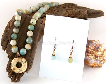 Amazonite Necklace & Earring Set, Amazonite Stones, Hand Painted Pendant, Jewelry Sets, Antique Copper, Gift Ideas, Mother's Day Gifts