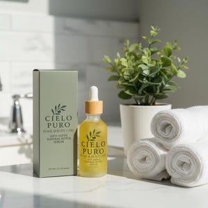 May include: A glass dropper bottle of Cielo Puro anti-aging natural botox serum with a light wood-toned cap, accompanied by its matching sage green rectangular cardboard box featuring the brand name and text, with a net weight of 74 ml.