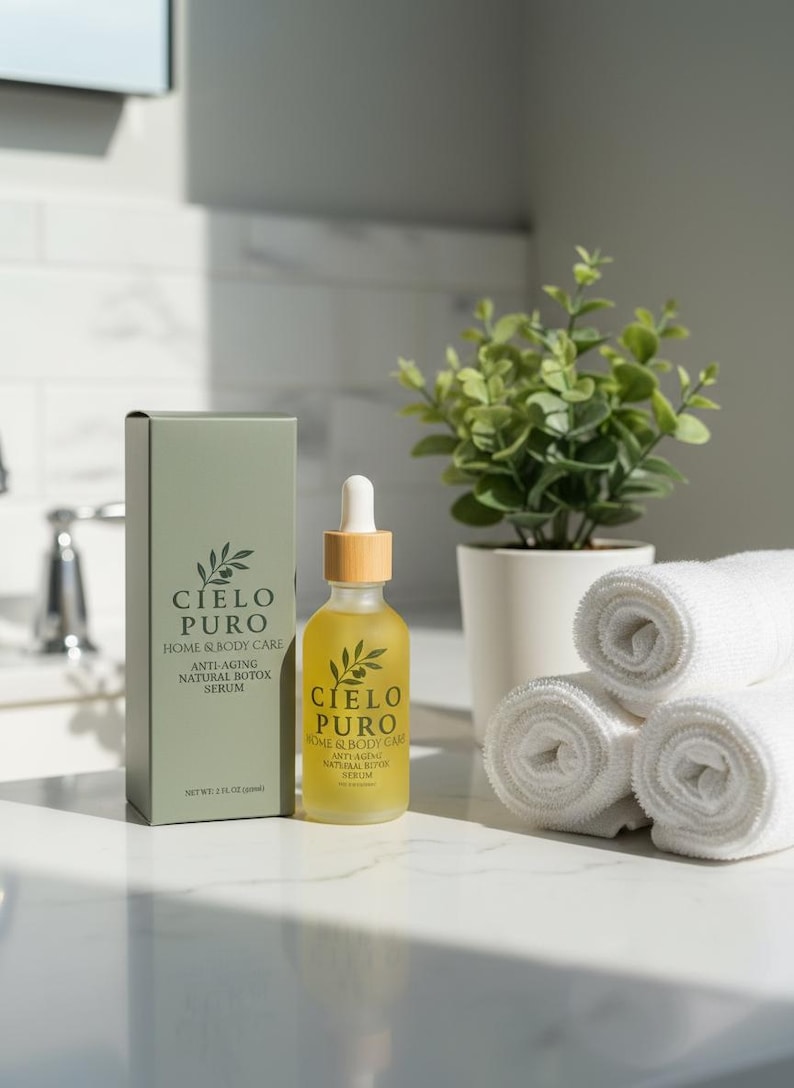 May include: A glass dropper bottle of Cielo Puro anti-aging natural botox serum with a light wood-toned cap, accompanied by its matching sage green rectangular cardboard box featuring the brand name and text, with a net weight of 74 ml.