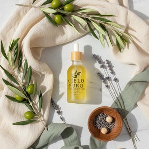 May include: A clear glass dropper bottle of Cielo Puro body care serum with a light wood cap, featuring a label with black text. The bottle is surrounded by green olive branches, dried lavender sprigs, and a small wooden bowl with lavender buds.