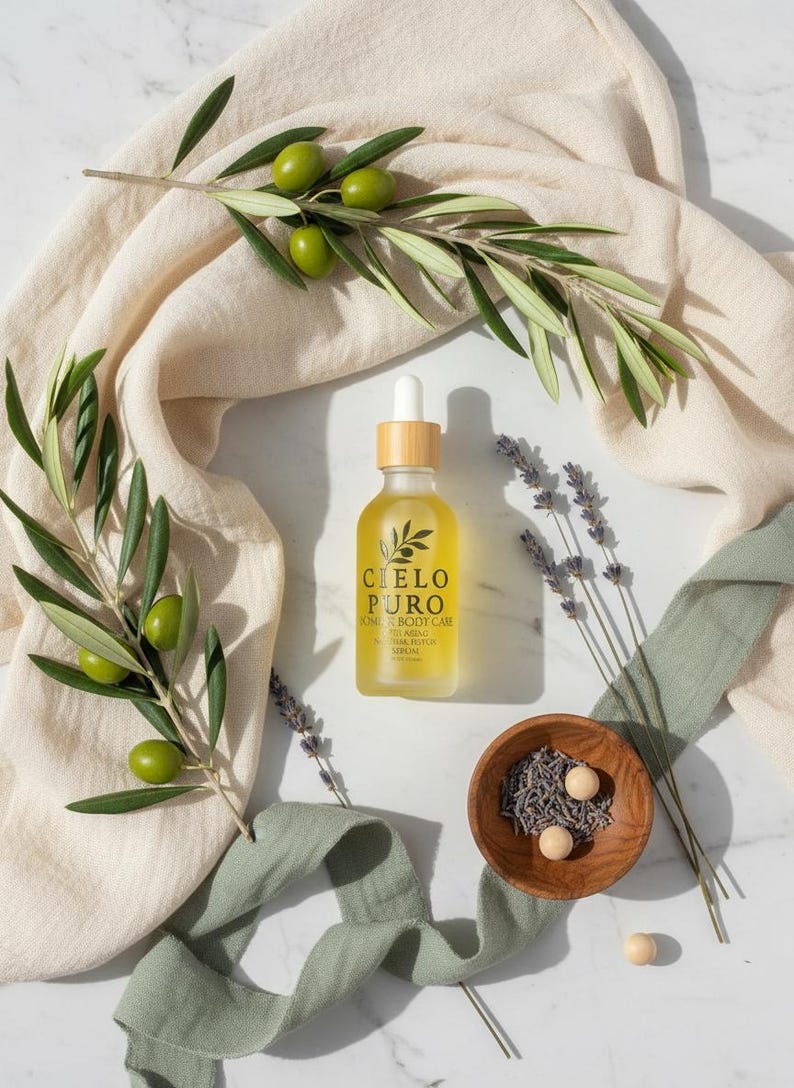 May include: A clear glass dropper bottle of Cielo Puro body care serum with a light wood cap, featuring a label with black text. The bottle is surrounded by green olive branches, dried lavender sprigs, and a small wooden bowl with lavender buds.