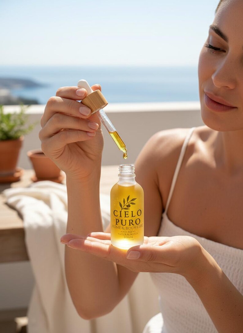 May include: A clear glass dropper bottle containing a golden liquid with a label that reads CIELO PURO HOME & BODY CARE ANTI AGING NATURALS SERUM. The bottle features a bamboo-topped glass dropper, with a single drop of the golden serum suspended.