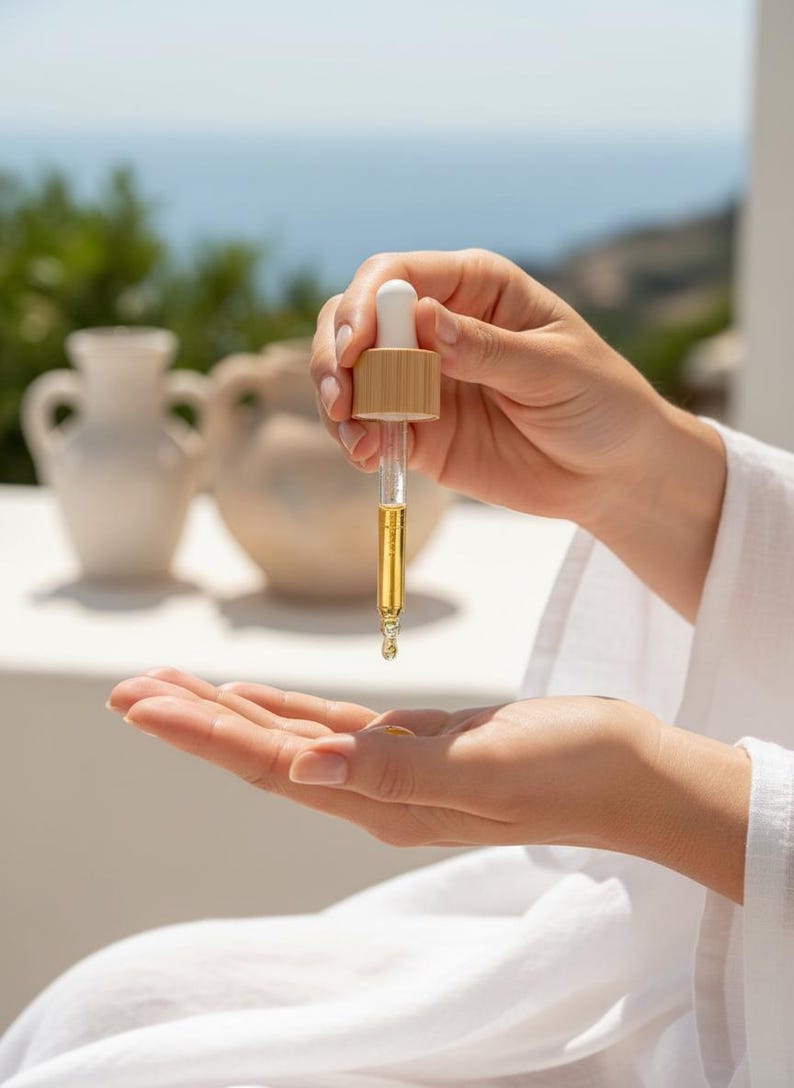May include: A glass dropper bottle component featuring a light-coloured bamboo collar and a white rubber bulb. The clear glass pipette contains a golden-yellow liquid, with a single drop suspended at the tip, ready to be dispensed onto an open palm.