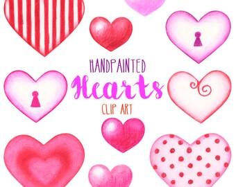 May include: A set of ten hand-painted watercolor hearts in various shades of pink and red. The hearts feature different designs, including stripes, polka dots, a keyhole, and a swirl.