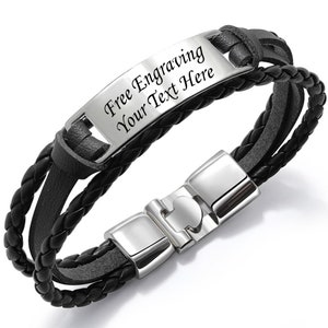 Free Engraving Customized Leather Multi layer Braided wristband Cuff Bracelet Laser Engraved Bracelet Bangle Name ID Text Symbol Men Women