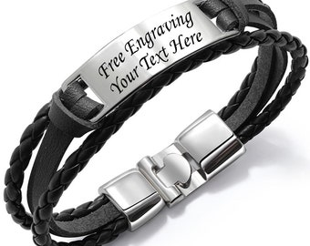 Free Engraving Customized Leather Multi layer Braided wristband Cuff Bracelet Laser Engraved Bracelet Bangle Name ID Text Symbol Men Women