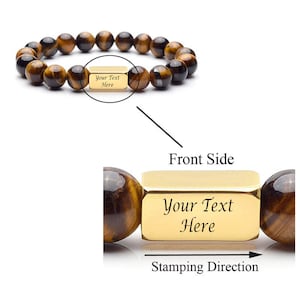 Personalized Engraving Customized Natural Tiger's Eye bead Name ID Bracelet Location GPS Cordinates date, initial symbol Unique Gift
