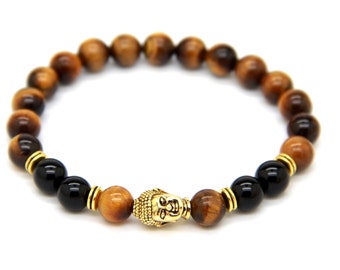 Natural Real Tiger Eye & Agate Lucky Stone Golden Buddha Spiritual Meditation Healing 10mm Beads Bracelet Fits all stretchable