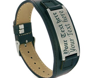 Free Engraving Customized Black Real Leather wristband Cuff Bracelet Laser Engraved Bracelet Bangle Name ID Text Symbol for Men Women