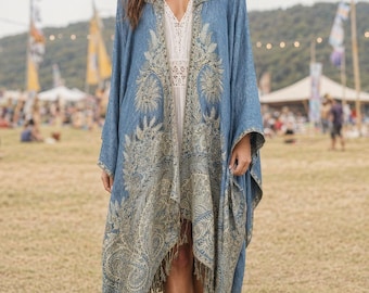 Hooded steele blue floral pashmina kimono cover up