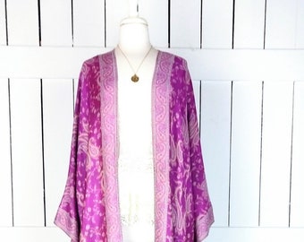 Magenta paisley pashmina kimono cover up jacket with custom regular and maxi lengths and optional fringe detail