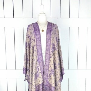 Beige and purple paisley pashmina kimono cover up jacket with custom regular and maxi lengths and optional fringe detail