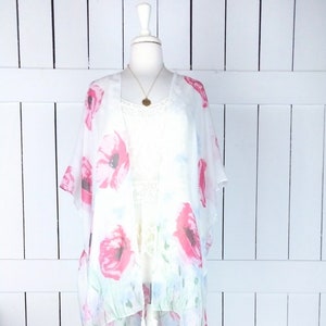 Sheer gauzy ivory/pink floral print kimono cardigan/tassel/fringe duster cover up/gypsy festival top/sml/plus size/one size