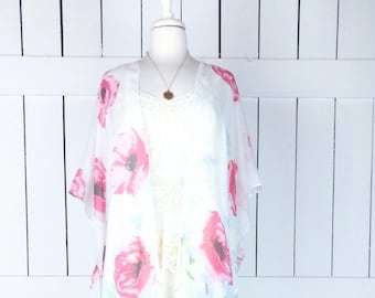Kimonovest met bloemenprint en kwastje - Gauzy Sheer Duster, handgemaakt in Californië