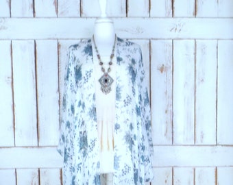 Handmade Floral Kimono Cardigan: Sheer Gauze with Fringe