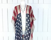 USA American flag print sheer gauzy kimono tassel cardigan cover up USA Fourth of July Memorial Day United States flag top sml plus one size