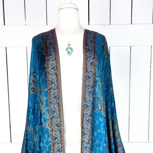 Turquoise blue and gold paisley pashmina kimono cover up jacket with custom regular and maxi lengths and optional fringe detail