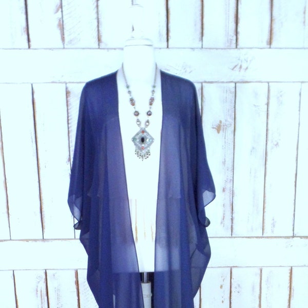Solid dark blue sheer chiffon kimono cover up in custom colors