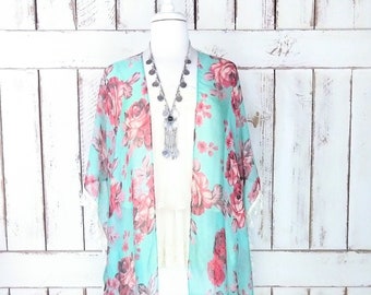 Floral Print Kimono Cardigan, Sheer Gauzy Tassel Fringe Cover-Up