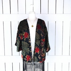 Peacock burnout velvet fringe festival kimono cover up