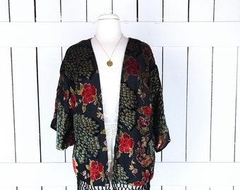 Peacock burnout velvet fringe festival kimono cover up