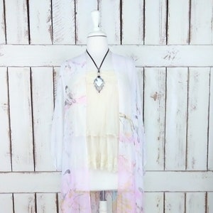 Light pink Japanese cherry blossom bird print sheer chiffon kimono cardigan cover up