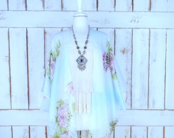 Pale blue and pink floral print lightweight sheer kimono cover up