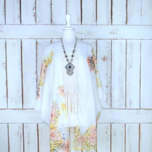 Ivory yellow floral sheer chiffon lightweight kimono cover up