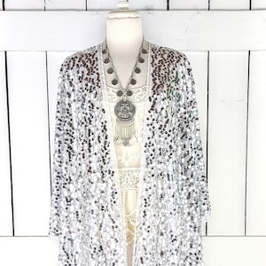 Silver white round sequin kimono cover up