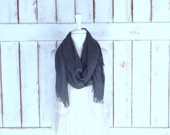 Dark grey oversized gauzy cotton blend wrap raw hem shawl scarf