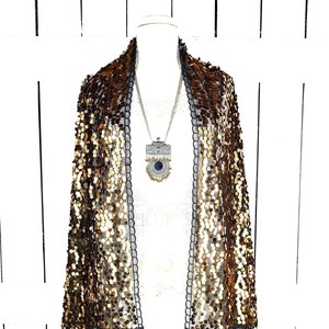 Gold black sequin sheer net fringe tassel shawl scarf